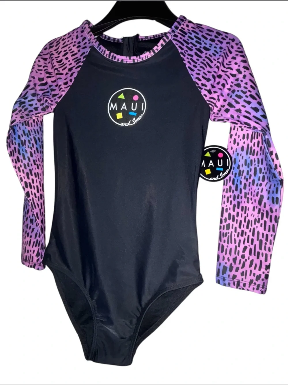 Maui & Sons Black One-Piece Rash Guard Purple Patterned Sleeves Girls M (7/8)